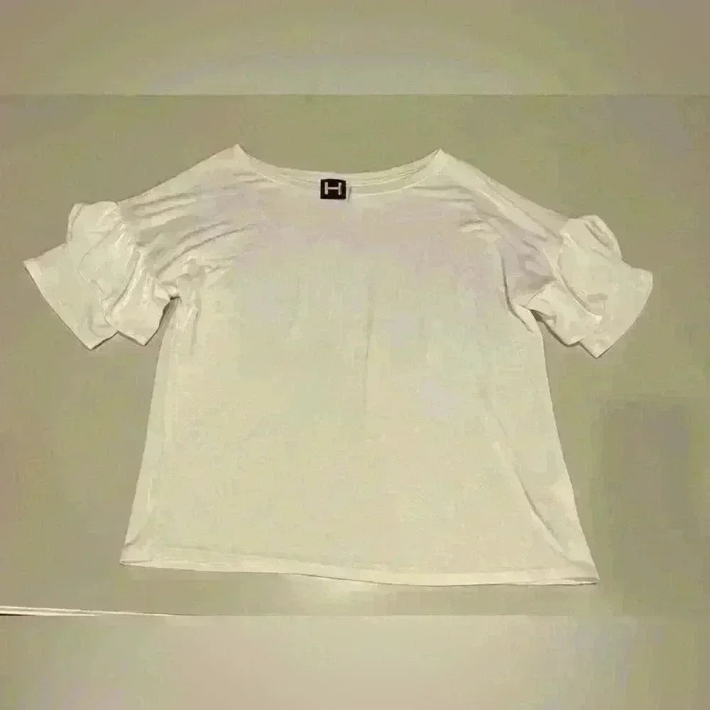 H by Bordeaux Short Ruffle Sleeve White Knit Top Size Large